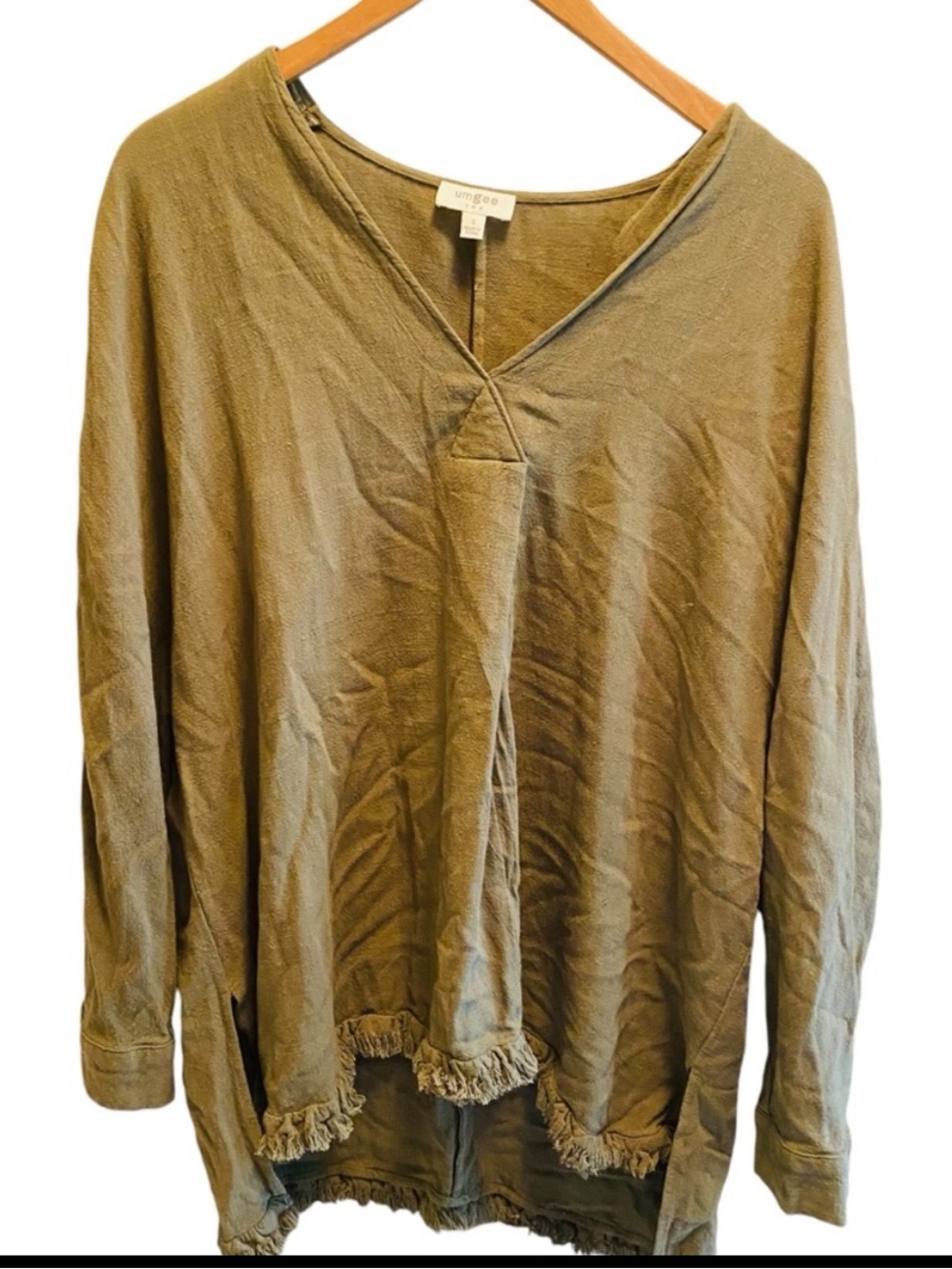 UMGEE Linen Blend Western Olive Green Fringe Hem Tunic Top